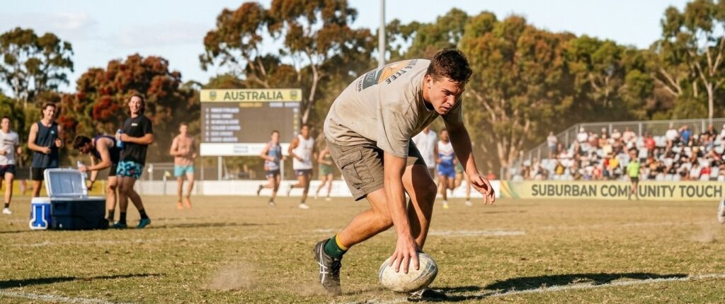 A touch rugby player performing a roll ball in Australia