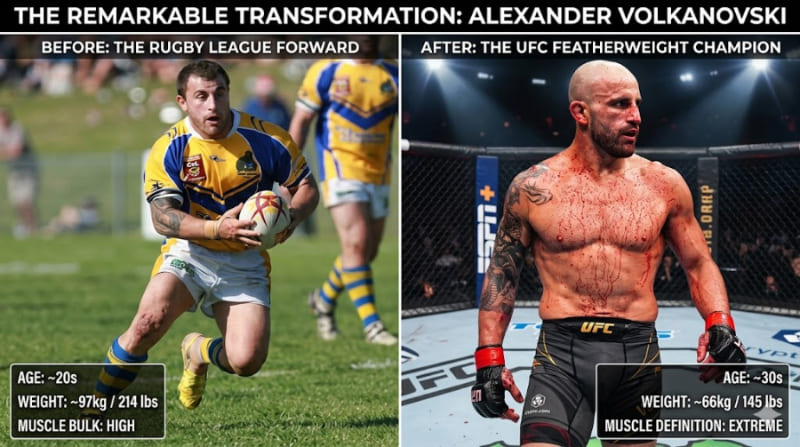 Alexander Volkanovski dramatic physical transformation comparison 214 lbs to 145 lbs UFC featherweight