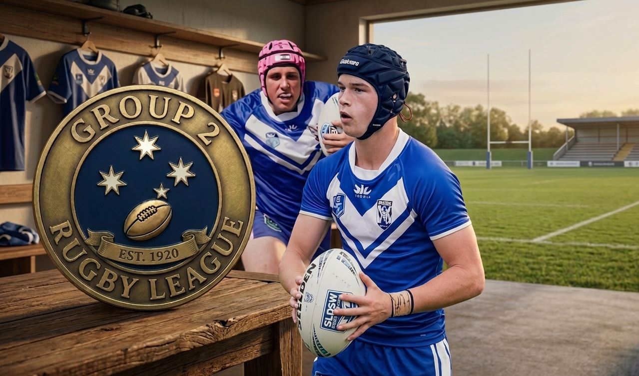 Group 2 Rugby League logo and Australian regional rugby players in a locker room facing the field