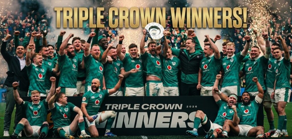 Ireland celebrating the 2026 Triple Crown at Aviva Stadium