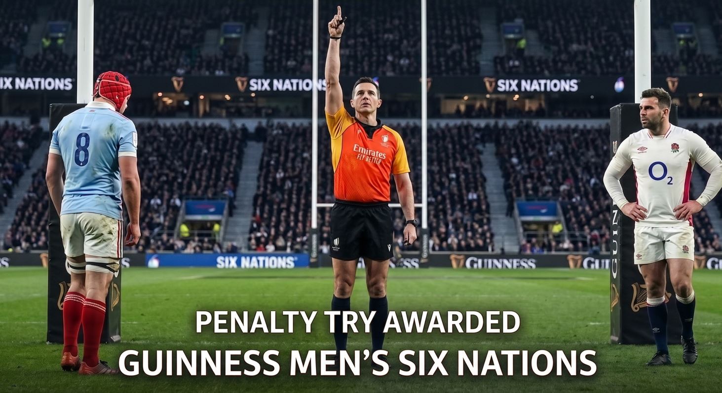 Referee awarding penalty try France vs England Six Nations 2026