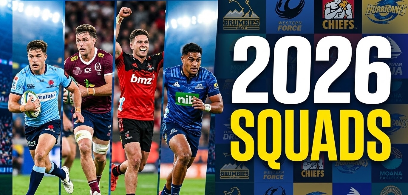 "Super Rugby Squads 2026" featuring dynamic players from Waratahs, Reds, Crusaders, and Blues on the left, and bold "2026 SQUADS" typography with club logos on the right.