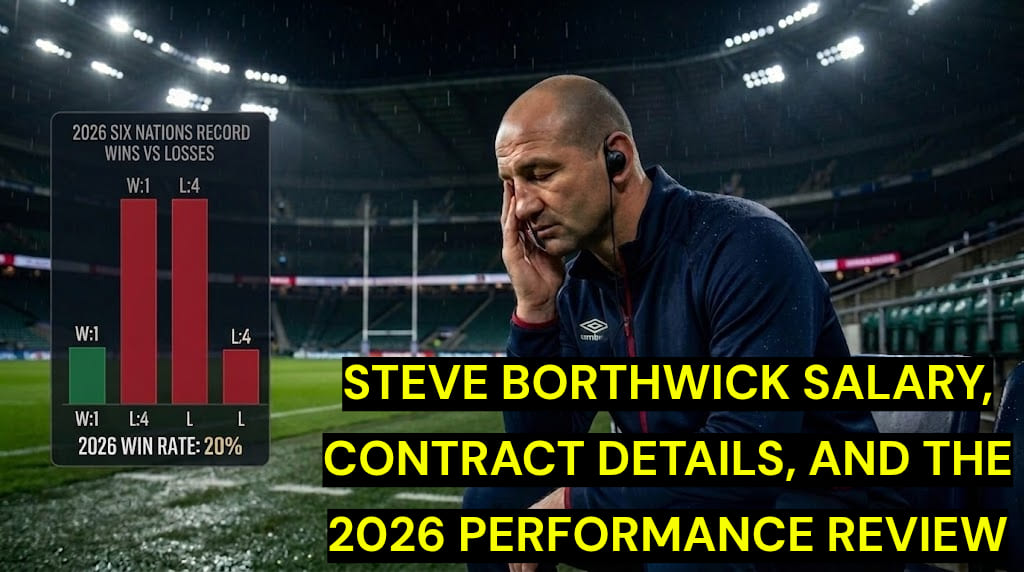 Steve Borthwick England head coach looking stressed at Twickenham Stadium, featuring a 2026 Six Nations record chart showing 1 win and 4 losses, analyzing salary vs performance.