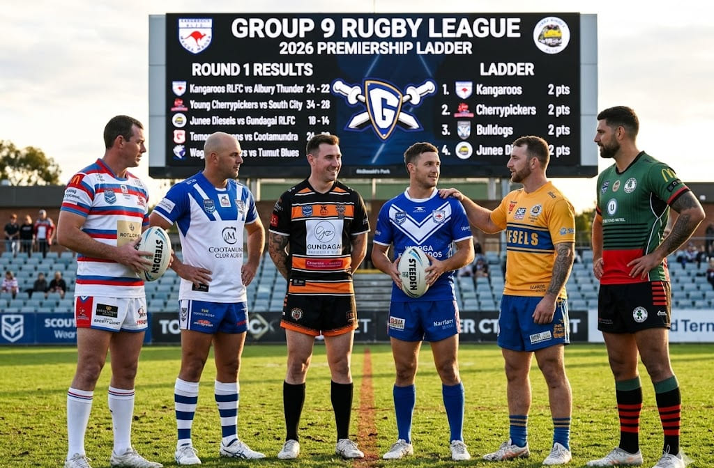 Professional photograph of six Group 9 Rugby League players on a stadium pitch, looking towards a massive digital scoreboard displaying the Group 9 RL 2026 Premiership Ladder. The scoreboard provides detailed Round 1 Results, including Kangaroos 24-22, Young Cherrypickers 34-28, Junee Diesels 18-14, and Cootamundra Bulldogs 32-24. The official league 'G' Gladiators logo is prominent, and the Ladder shows teams with 2 points, 1 point (Tumut Blues, Wagga Brothers), and 0 points. The image has a crisp, authoritative, game-day feel.