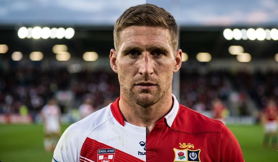 Professional rugby player split-portrait showing Rugby League and British & Irish Lions kits, representing the Tomkins code-switch rumours and latest transfer news