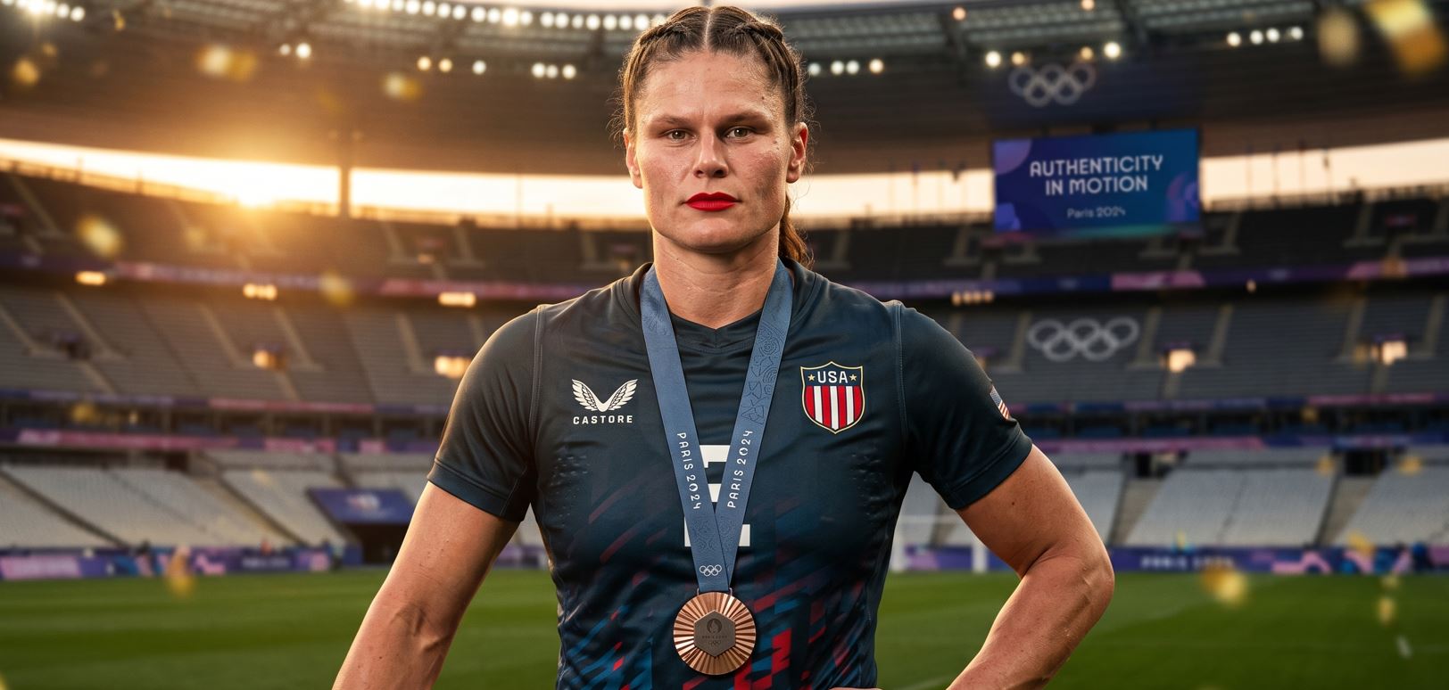 A full-length portrait of Team USA rugby player Ilona Maher, with her trademark braids and red lipstick, standing in an empty Olympic stadium at dusk. She is holding a Gilbert rugby ball and wearing a Paris 2024 Olympic bronze medal around her neck. She is wearing a blue Team USA kit with the number 2 on it.