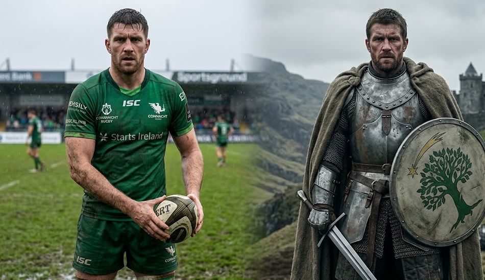 A realistic dual portrait photograph showing Peter Claffey on the left in his muddy Connacht Rugby number 5 kit, holding a ball on a rainy pitch, next to Claffey on the right in full, detailed character costume as Ser Duncan the Tall from the Game of Thrones prequel, "A Knight of the Seven Kingdoms," wearing battered plate armor with a shield showing the elm and shooting star sigil.