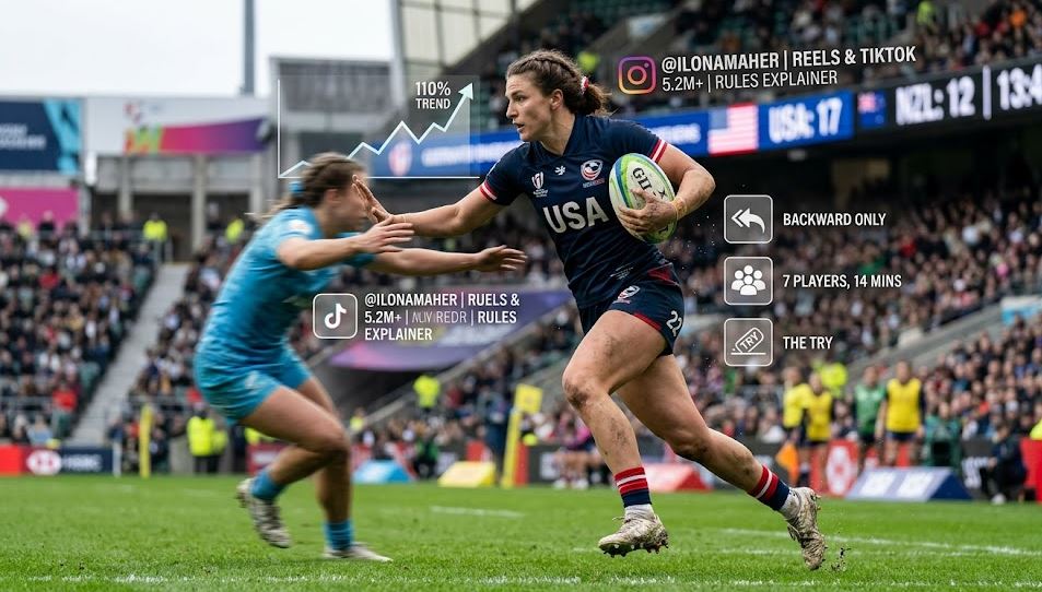 USA rugby player with infographics explaining Rugby Sevens rules, social media trends, and the Ilona Maher effect