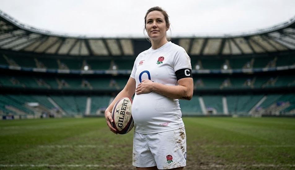 A powerful, realistic portrait photograph of a visibly pregnant Zoe Stratford (née Aldcroft) on the muddy pitch of Twickenham Stadium, England. She wears the full white England Red Roses rugby kit, number 5 visible on the back, and a captain's armband.