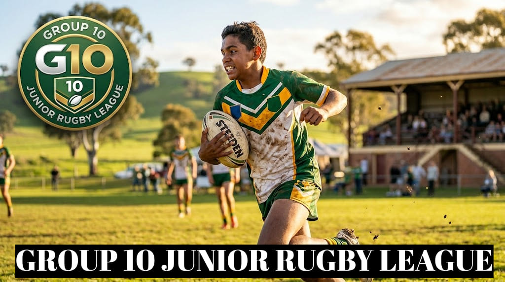 Action shot of a young player sprinting with a rugby ball during a Group 10 Junior Rugby League match in Central West NSW, featuring the G10 official logo.