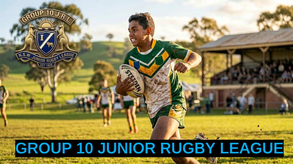 Action shot of a young player sprinting with a rugby ball during a Group 10 Junior Rugby League match in Central West NSW, featuring the G10 official logo.eee