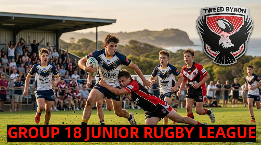 Ultra-realistic horizontal header image capturing a dynamic live match of the Group 18 Junior Rugby League in the Tweed Byron region of Northern Rivers, NSW, Australia. The photorealistic scene shows an intense tackle action during sunset, featuring a central player in Tweed Heads gear running with the ball, being tackled by a Byron Bay defender. Sweat, flying grass, and determination are visible on the players' faces as other junior players converge on the play. In the background, a small local grandstand full of spectators is visible, with distinctive coastal hills and the ocean beyond. In the top left corner, the sharp, official 'Tweed Byron JRL' logo featuring an eagle, a metallic shield with red stripes, and the text 'TWEED BYRON' is cleanly integrated. High-quality website header bathed in golden hour natural light.