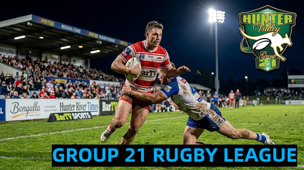 High-intensity rugby league action during the Group 21 2026 season at Pirtek Park, Singleton, featuring a Singleton Greyhounds player and the official Hunter Valley Group 21 logo.