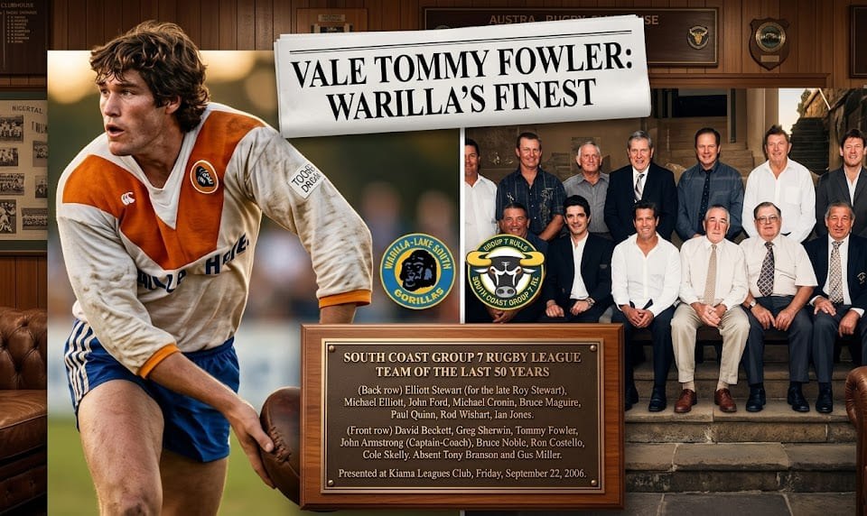 Tribute header for Tommy Fowler, featuring a portrait of the Warilla Gorillas legend and the official South Coast Group 7 Rugby League Team of the Last 50 Years plaque.