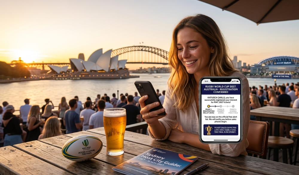 She smiles at her smartphone, which clearly displays the message “Rugby World Cup 2027, Australia - Registration Confirmed.” In the background are the Sydney Opera House and Accor Stadium, “Venue of the Final.”