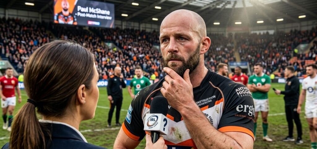 A 4K realistic horizontal photograph capturing Paul McShane, the Castleford Tigers hooker, with an intense, reflective, and determined expression during a post-match interview on the pitch. He is looking thoughtfully past the interviewer, with one hand to his chin. He wears his muddy, sweat-stained black and orange Castleford kit with sponsor logos. In the background, a packed stadium and a blurred stadium screen displaying a conceptual graphic about his legacy and a Lions-related question mark. Dust and floodlight haze are in the air.