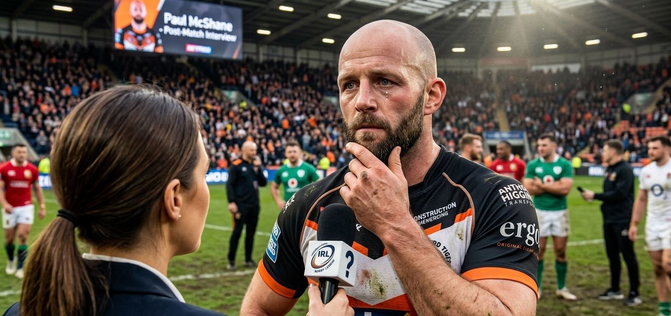 A 4K realistic horizontal photograph capturing Paul McShane, the Castleford Tigers hooker, with an intense, reflective, and determined expression during a post-match interview on the pitch. He is looking thoughtfully past the interviewer, with one hand to his chin. He wears his muddy, sweat-stained black and orange Castleford kit with sponsor logos. In the background, a packed stadium and a blurred stadium screen displaying a conceptual graphic about his legacy and a Lions-related question mark. Dust and floodlight haze are in the air.