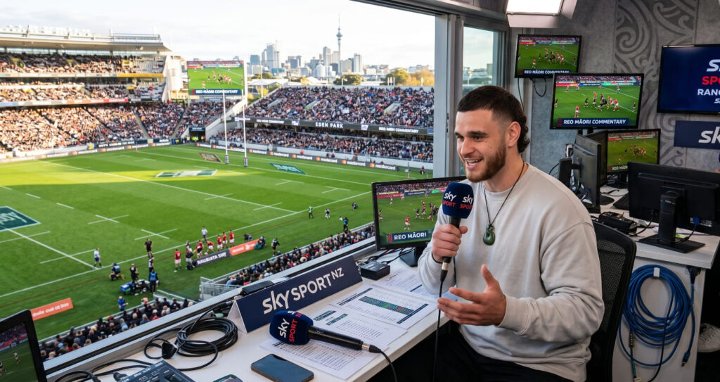 Te Aorere Pewhairangi, the Sky Sport NZ rugby commentator, broadcasting a live match in Te Reo Māori from a stadium commentary box.
