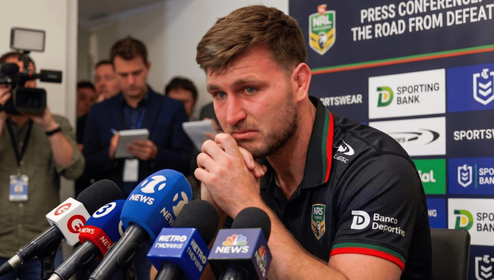 Close up of a tearful rugby player addressing the media during a post-match press conference with news microphones in the foreground.