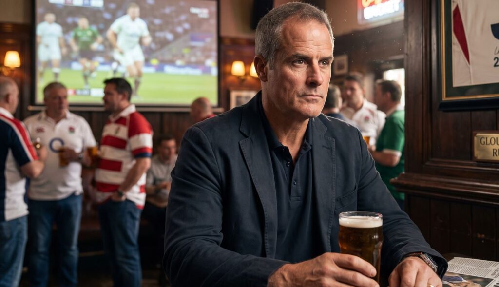 A realistic 4K photograph of retired English rugby legend Phil Vickery sitting thoughtfully in a traditional British sports pub. He holds a pint of ale, with memorabilia like his 2003 England jersey and a newspaper discussing concussion litigation visible, along with a screen showing modern rugby.