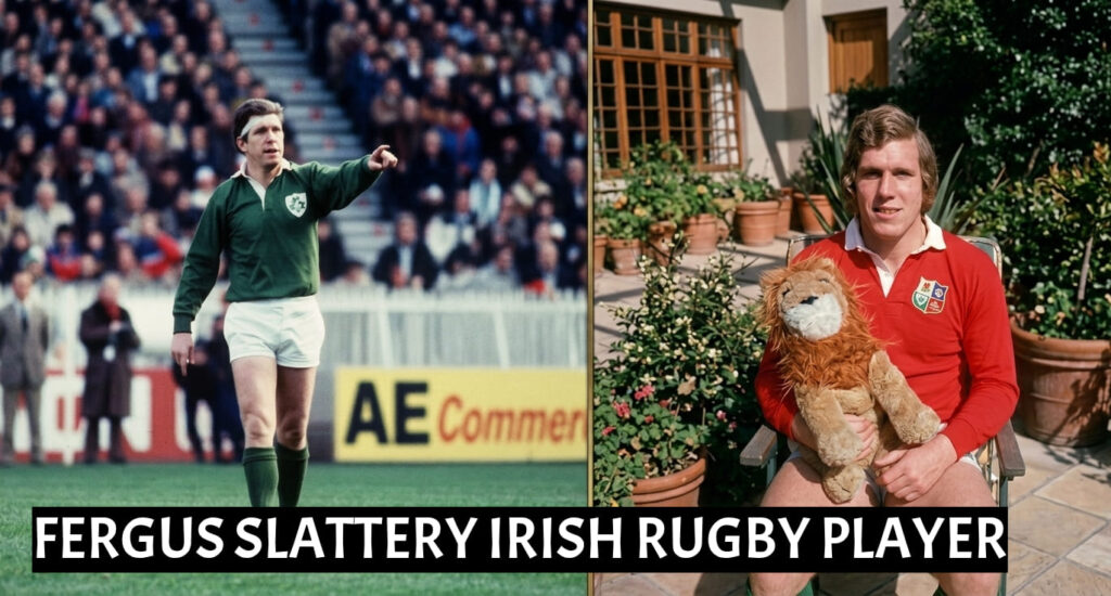 A framed diptych encasing two historical photographs of the same man, Fergus Slattery, in his rugby career.