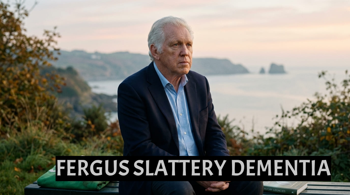 An elderly Fergus Slattery sitting thoughtfully on a bench by the Irish coast, reflecting on his legendary rugby career and his late-life battle with frontal lobe dementia.