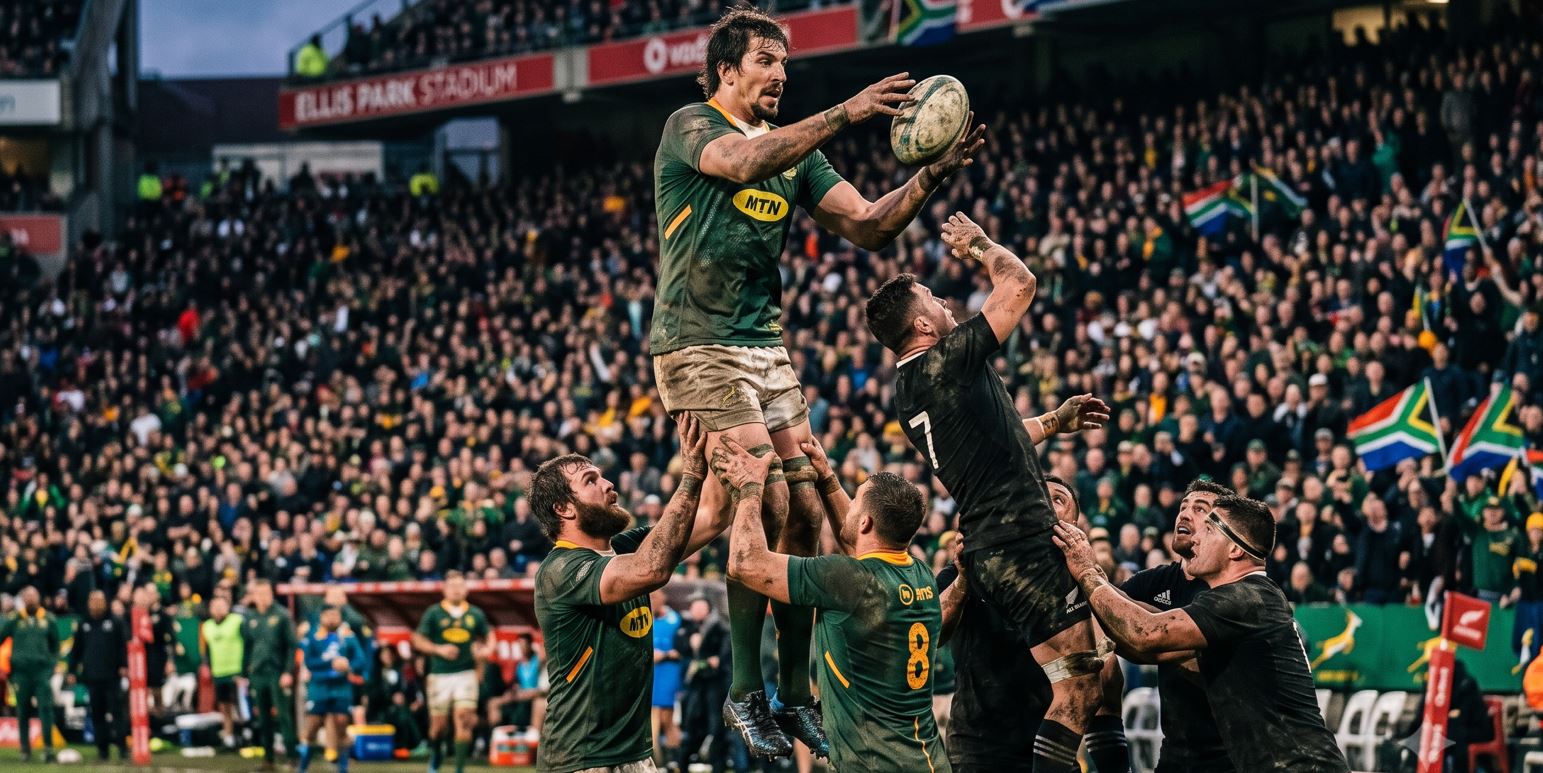 A highly realistic 4K horizontal photo of a towering South African rugby player in a green and gold uniform, soaring high in a lineout to catch the ball during a muddy, intensely fought match in a packed, atmospheric stadium.
