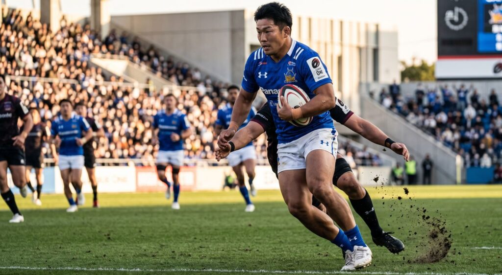 A dynamic 4k photorealistic image of Takaya Saito, center for the Saitama Wild Knights, powerfully breaking a tackle during a Japan Rugby League One match in a large, crowded stadium under late afternoon sun. He is wearing the Wild Knights kit with number 13, pushing through a defender.