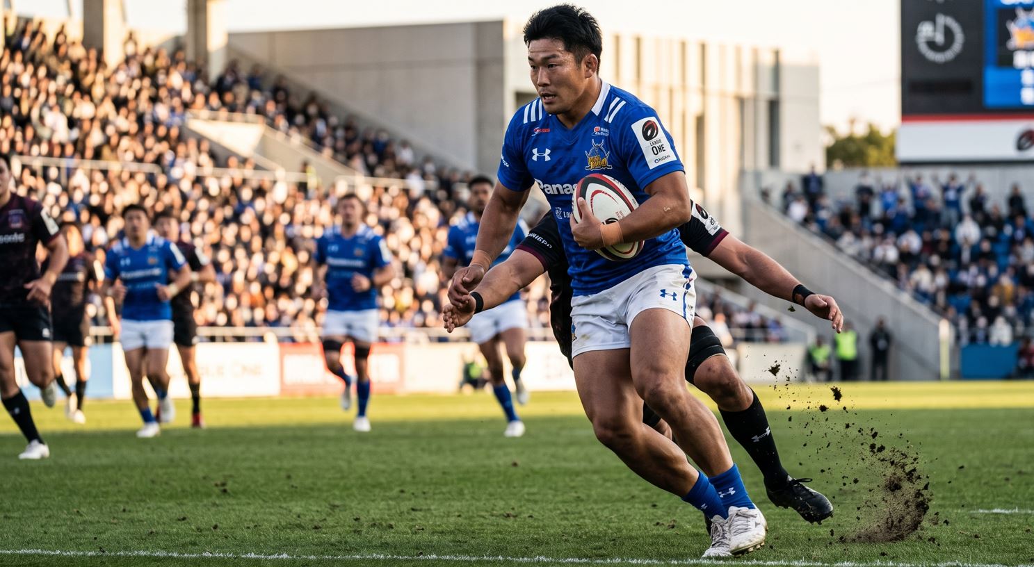 A dynamic 4k photorealistic image of Takaya Saito, center for the Saitama Wild Knights, powerfully breaking a tackle during a Japan Rugby League One match in a large, crowded stadium under late afternoon sun. He is wearing the Wild Knights kit with number 13, pushing through a defender.