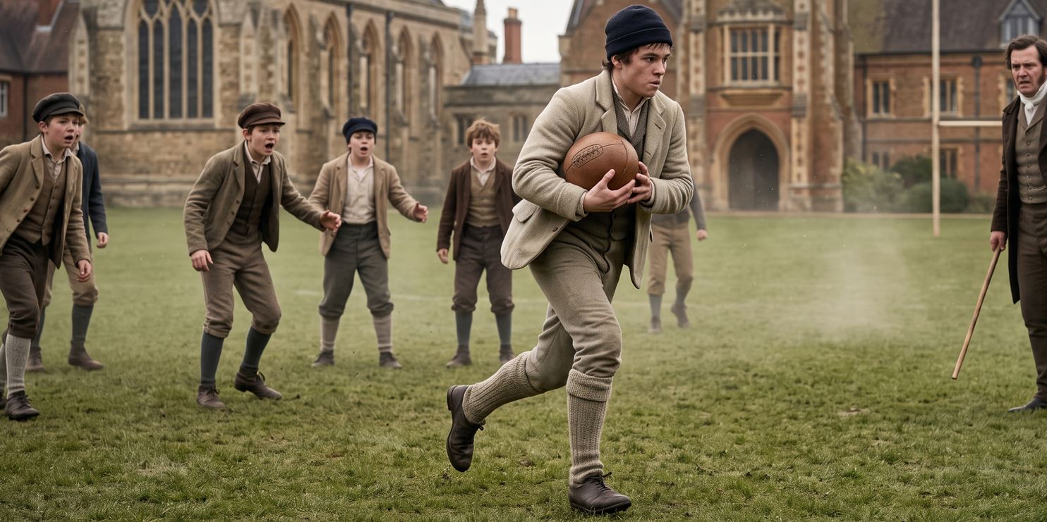 A photorealistic historical recreation scene showing a young student, William Webb Ellis, in 19th-century school attire, running with an early leather football in his arms on a grassy field at Rugby School in England, while other students and a master watch in surprise.