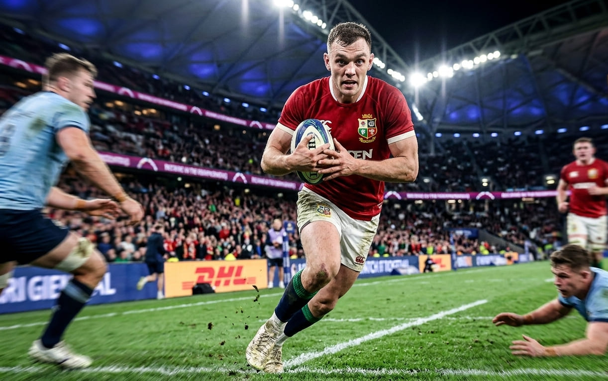 A high-quality action sports photograph of Ben White running with the rugby ball during a match