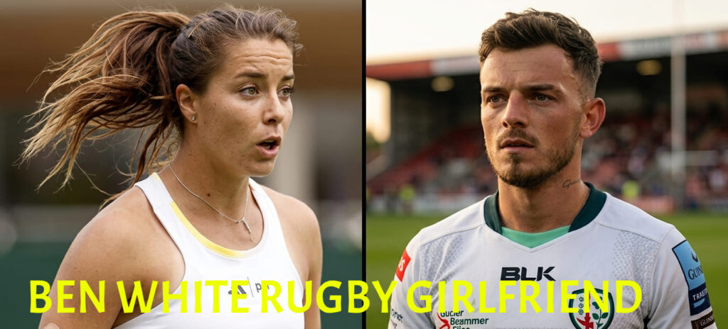 A split-screen composite photograph showing British tennis star Jodie Burrage in action on the left, and Scottish rugby scrum-half Ben White wearing a London Irish jersey on the right, illustrating the former sports power couple.