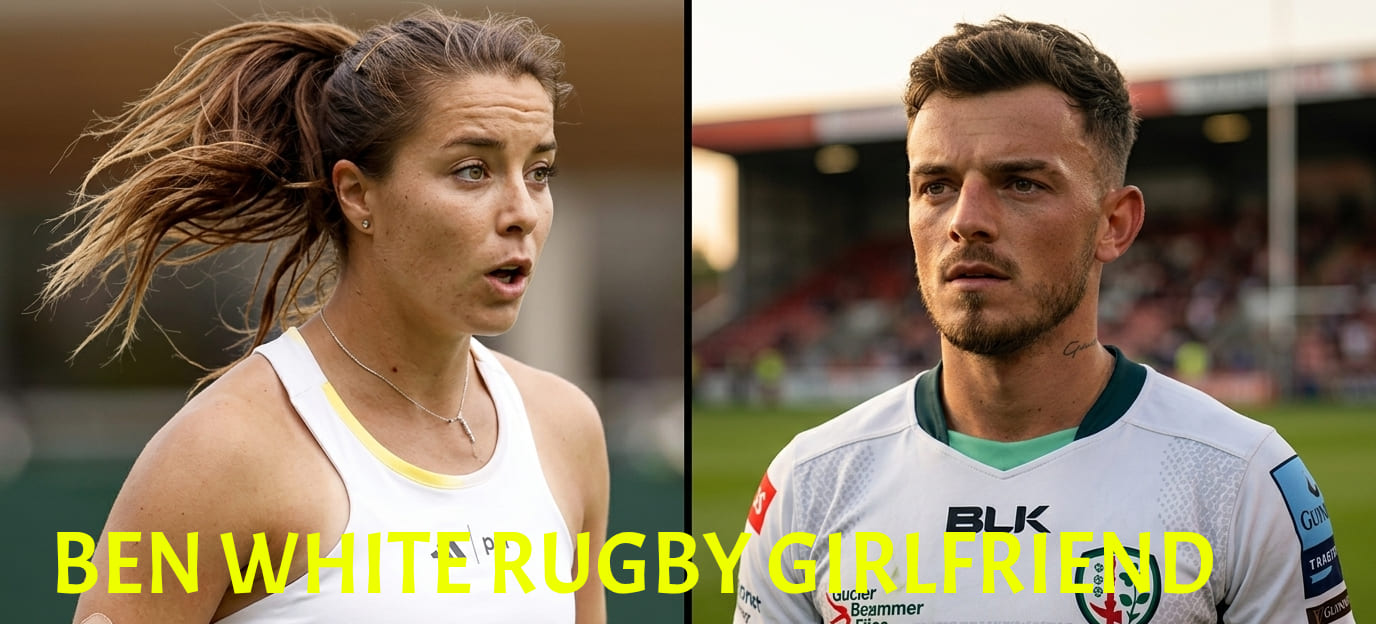 A split-screen composite photograph showing British tennis star Jodie Burrage in action on the left, and Scottish rugby scrum-half Ben White wearing a London Irish jersey on the right, illustrating the former sports power couple.