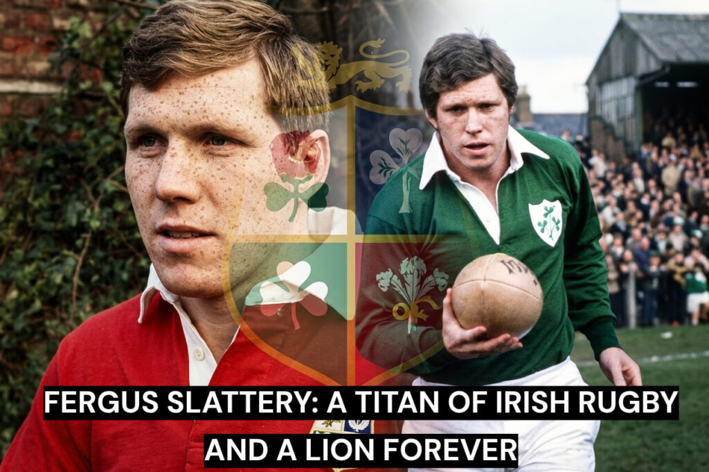 Tribute portrait of rugby legend Fergus Slattery featuring him in both his red British & Irish Lions jersey and his green Ireland rugby kit, celebrating his historic dual international career.