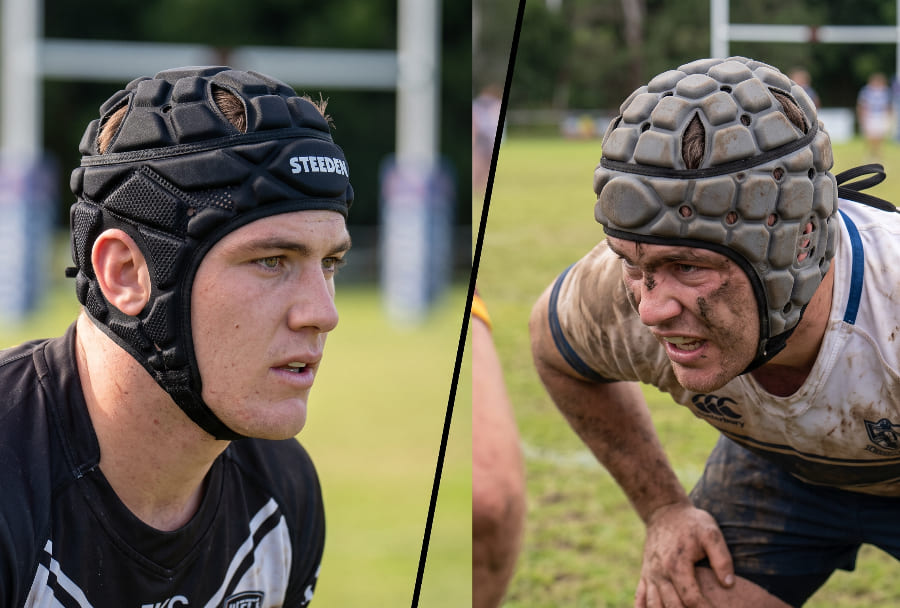 Side-by-side comparison of a lightweight Rugby League headguard with open ears versus a heavy-duty Rugby Union headgear with full ear coverage.