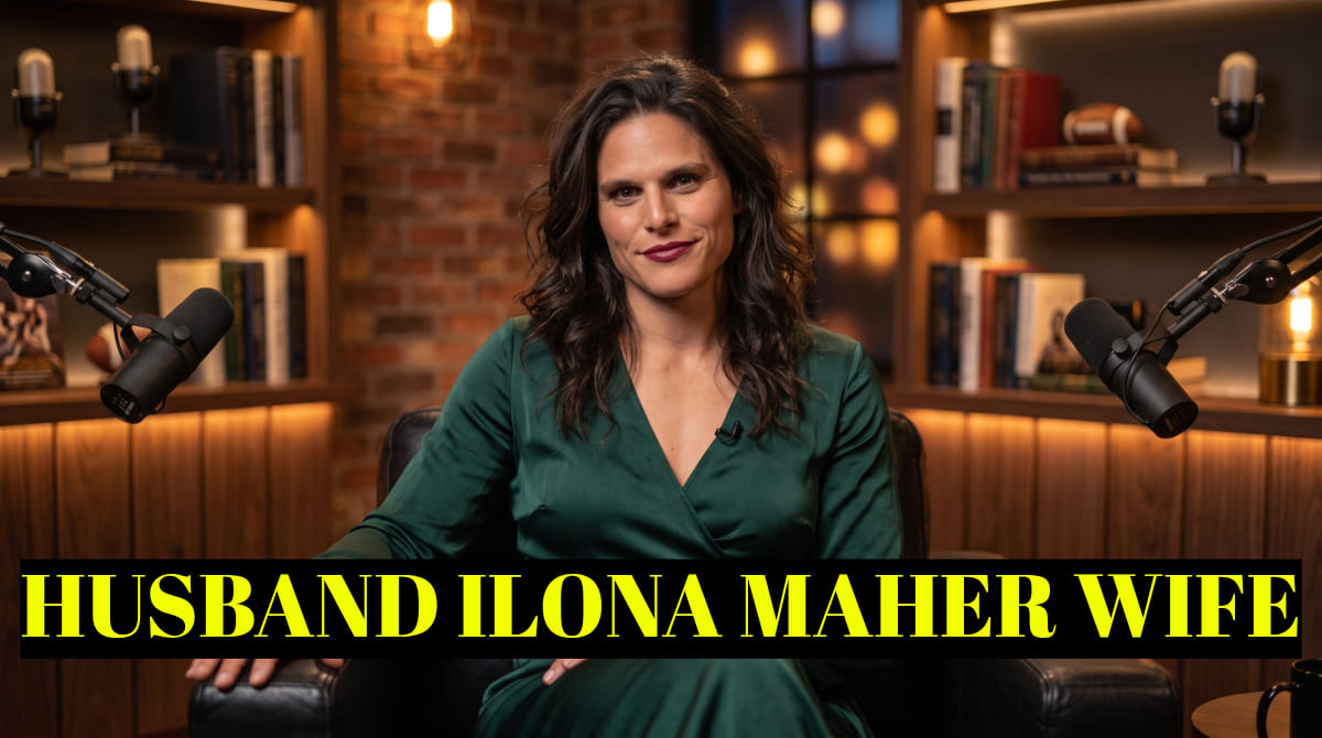 A fotorrealista horizontal panoramic portrait of Olympic rugby star Ilona Maher seated confidently in a warm interview studio, wearing an emerald green dress and smiling genuinely at the camera. This image is the main header for an article exploring her personal life, including details on her relationship status, addressing fan curiosity about a potential husband or wife.