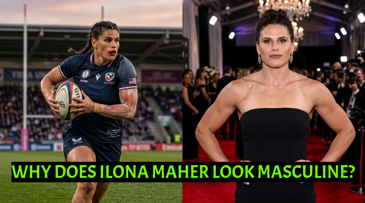 A side-by-side split-screen horizontal header image featuring rugby player Ilona Maher with no text. Left side shows her in an intense rugby match action shot in a navy uniform, running with the ball on the pitch.