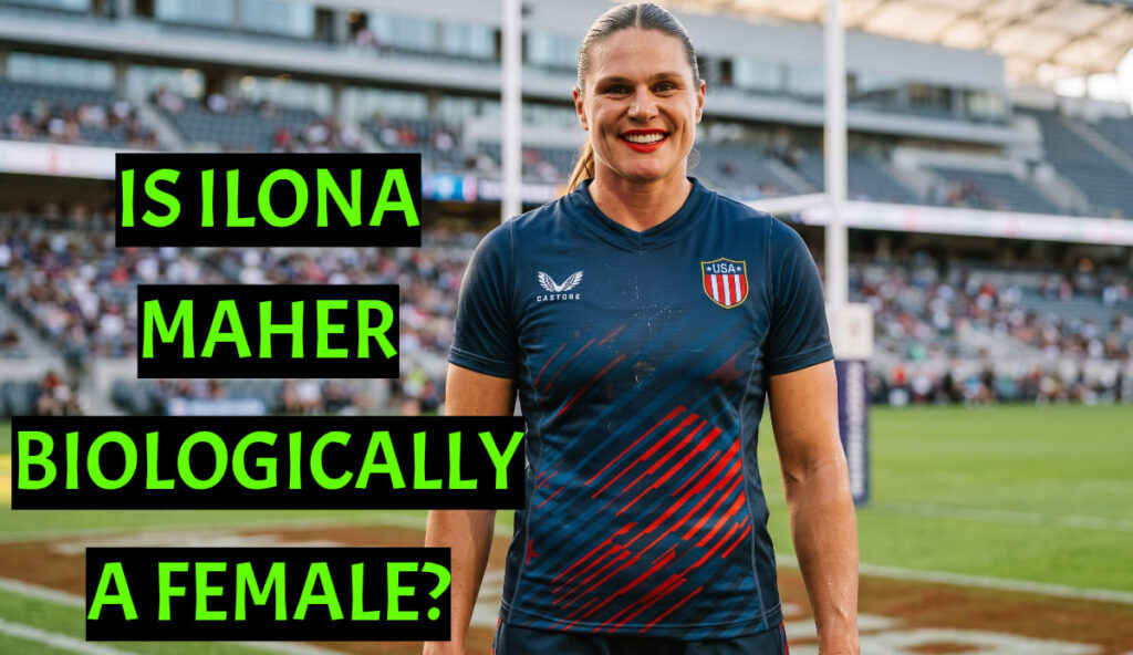 A high-resolution portrait of Olympic rugby player Ilona Maher, standing confidently on a stadium pitch, wearing her official USA team kit and iconic red lipstick. The background features a twilight stadium crowd, emphasizing her powerful athletic build.