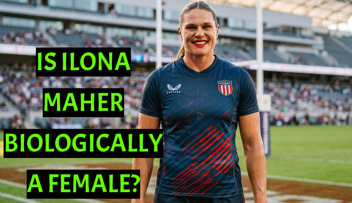 A high-resolution portrait of Olympic rugby player Ilona Maher, standing confidently on a stadium pitch, wearing her official USA team kit and iconic red lipstick. The background features a twilight stadium crowd, emphasizing her powerful athletic build.