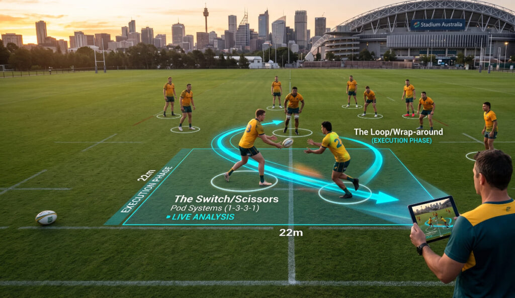 An advanced visual rugby coaching infographic at Stadium Australia featuring the Sydney skyline at sunset. It shows players in green and gold uniforms executing tactical plays with advanced digital augmented reality overlays. A coach in the foreground holds a tablet displaying live analysis. The field graphics include curved arrows for "The Loop/Wrap-around" (marked "EXECUTION PHASE") and diagrams for "The Switch/Scissors" and "Pod Systems (1-3-3-1)", along with labels for "EXECUTION PHASE" and "LIVE ANALYSIS".