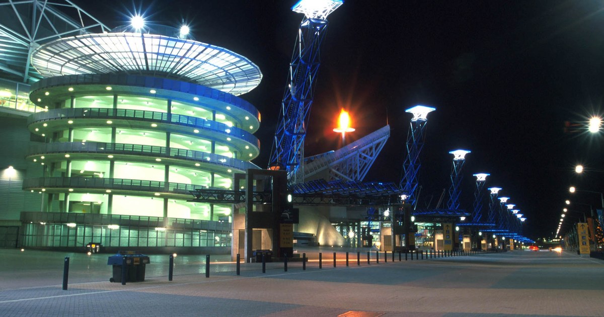 Stadium Australia lit up at night on Olympic Boulevard, Sydney Olympic Park, in 2000