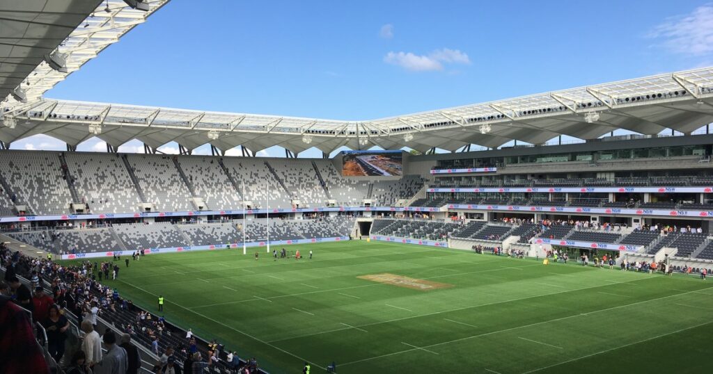 The interior of CommBank Stadium in Parramatta with rugby posts up