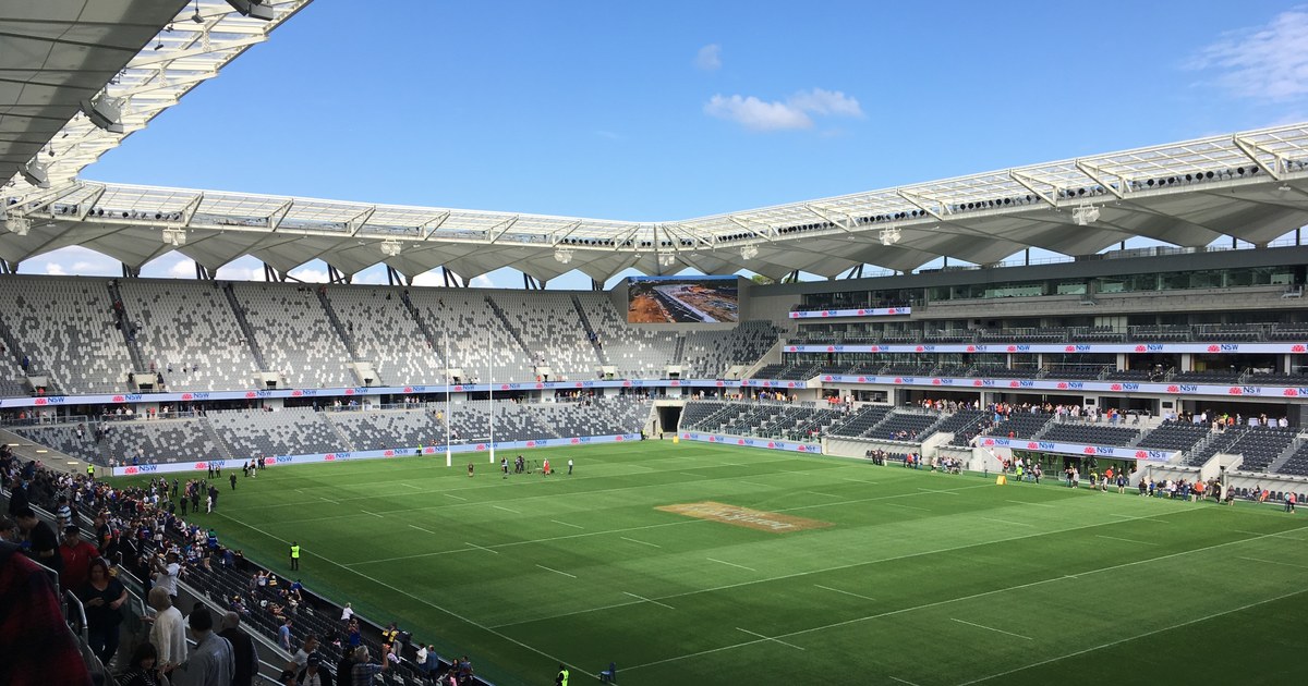 The interior of CommBank Stadium in Parramatta with rugby posts up